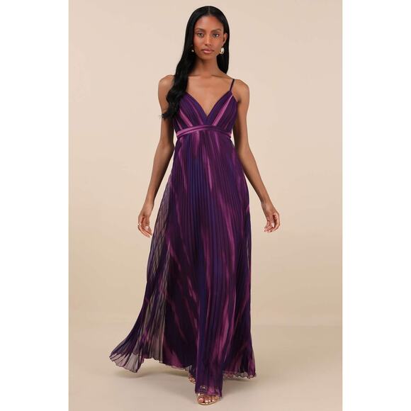 NWT Lulus Lovely Boldness Purple Multi Watercolor Pleated Maxi Dress Prom Sz M - Picture 1 of 7
